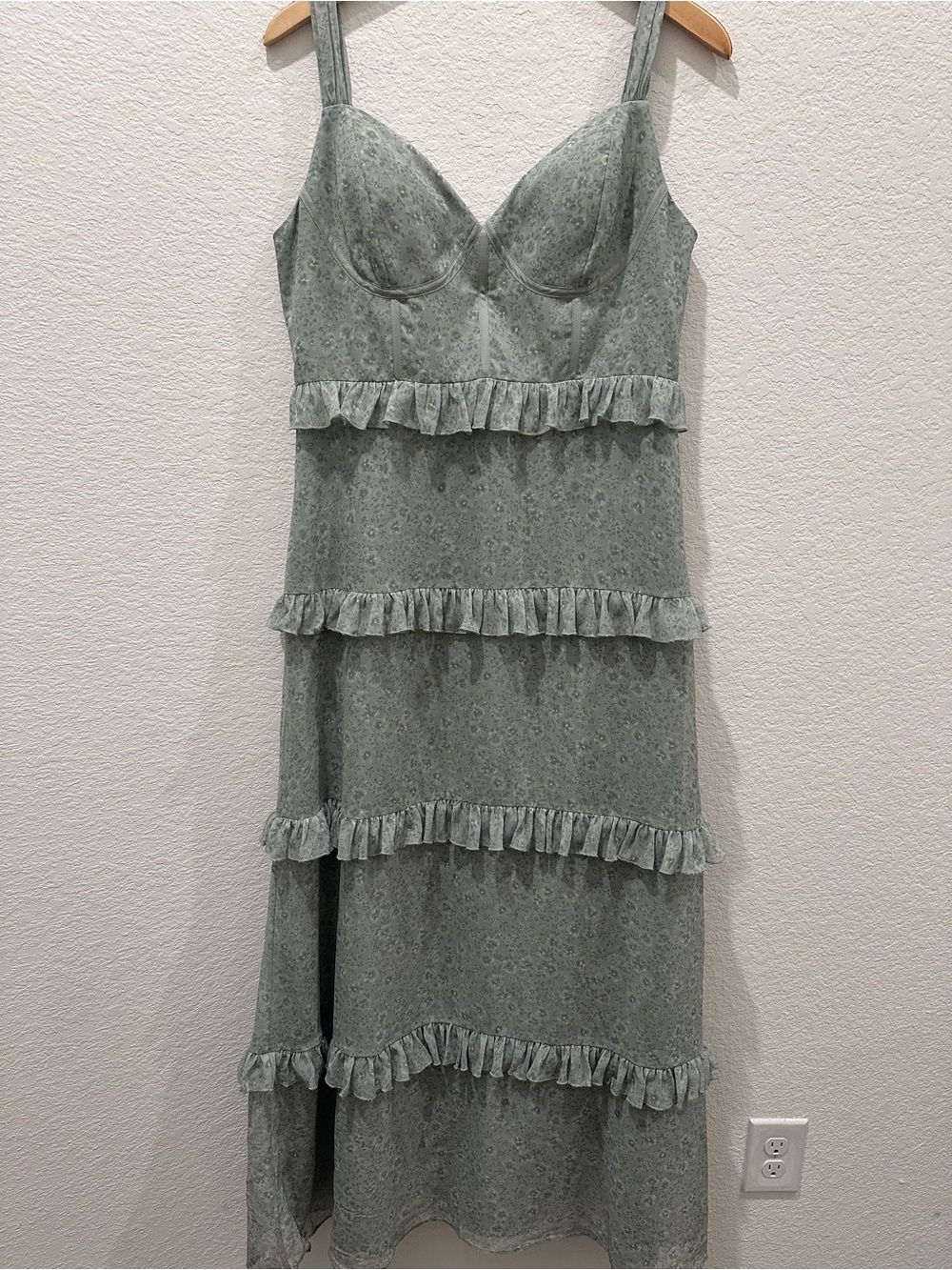Revelry Sage Green Floral Tiered Ruffle Bustier Midi Dress 12